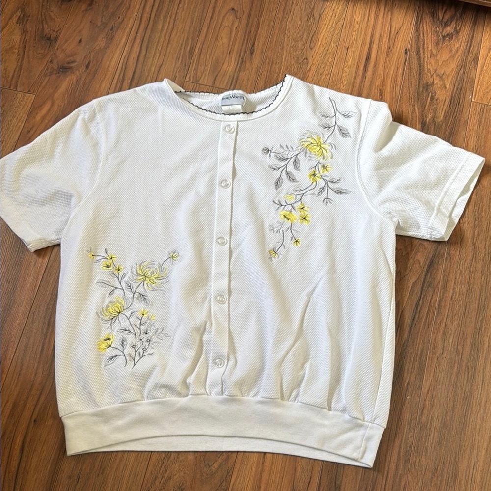 Vintage 1990s Bon Worth Med Floral Embroidered Shirt - button up short sleeve M - Picture 2 of 13